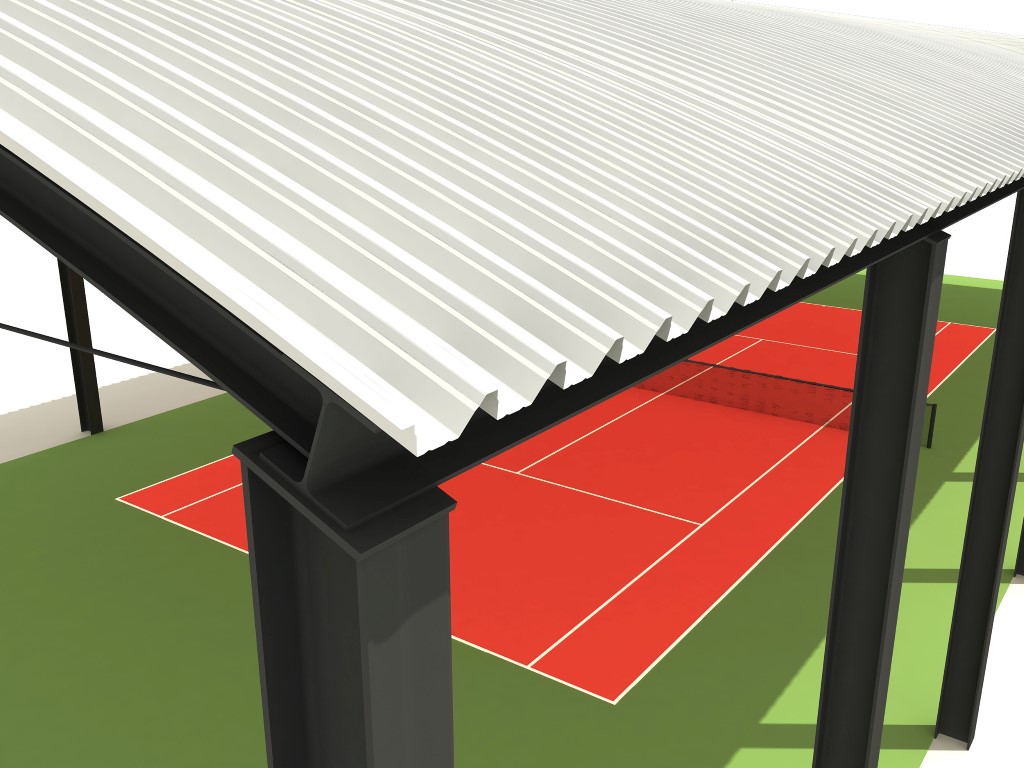 Croquis de detalle de apoyo de una cubierta curvada autoportante con el perfil INCO 100.3 Curvado para pista de tenis by INCOPERFIL