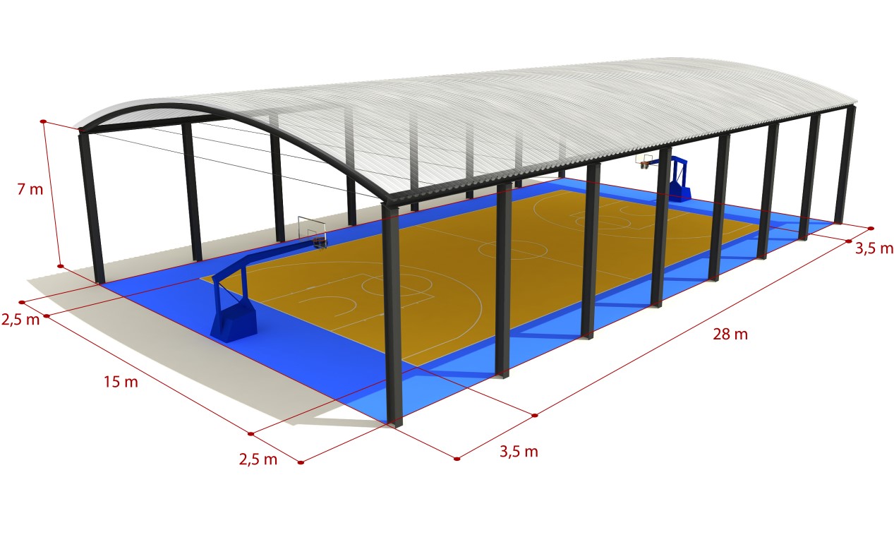 esquema de cubierta curvada autoportante con el perfil INCO 155.3 para pista de baloncesto o basket by INCOPERFIL