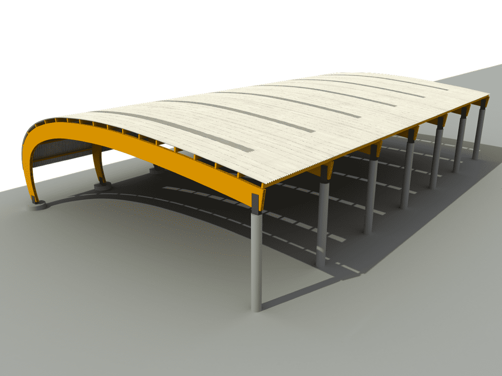 Esquema prefabricado en madera con cubierta curvada